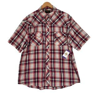 Vtg Rustler Wrangler Plaid Pearl Snap Shirt XL Red Short Sleeve Western Rodeo
